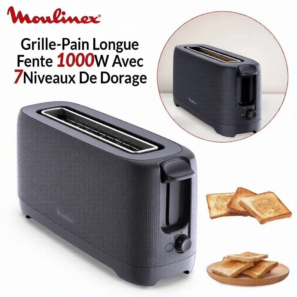 Grille-Pain Moulinex Morning LS2M0810 – Longue Fente 1000W – 7 Niveaux de Dorage – Toaster Élégant et Pratique