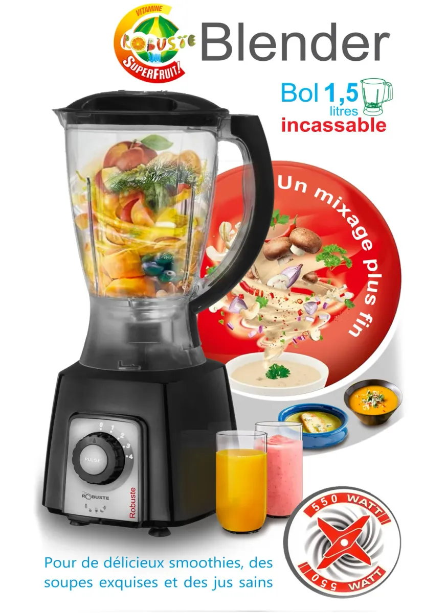 Blender BH500 - 500W - 1.5L avec Moulin et Lame en Acier Inoxydable