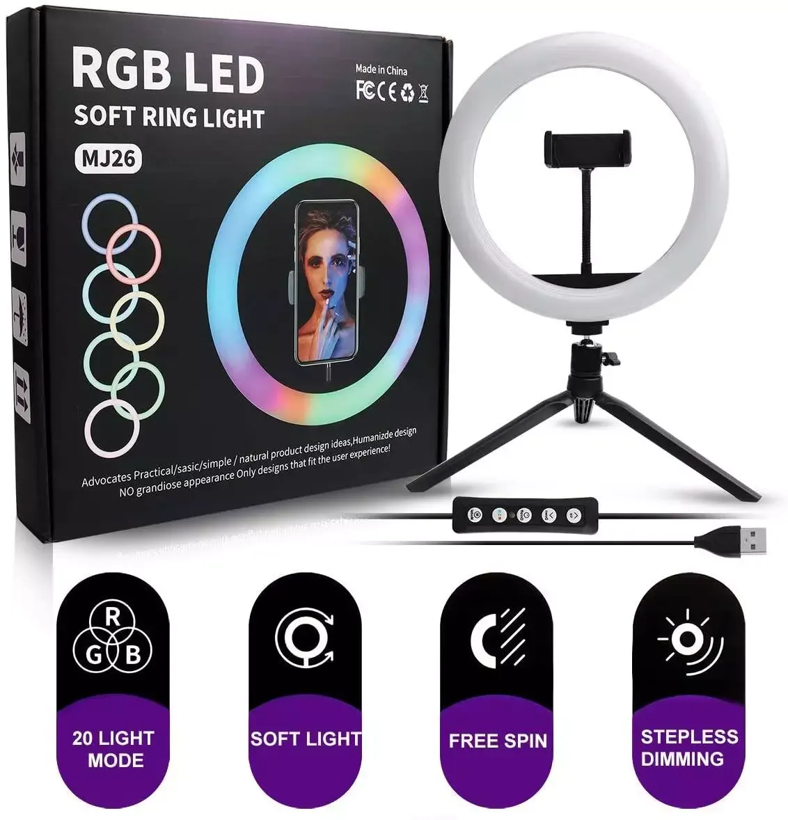 Ring light RGB LED MJ26 lumineux selfie