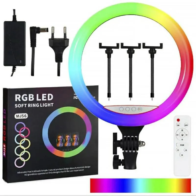 Ring Light Rgb Mj56 - 56 Cm + Trepied 2.1 M, Bague Lumineux Podcast - Noir
