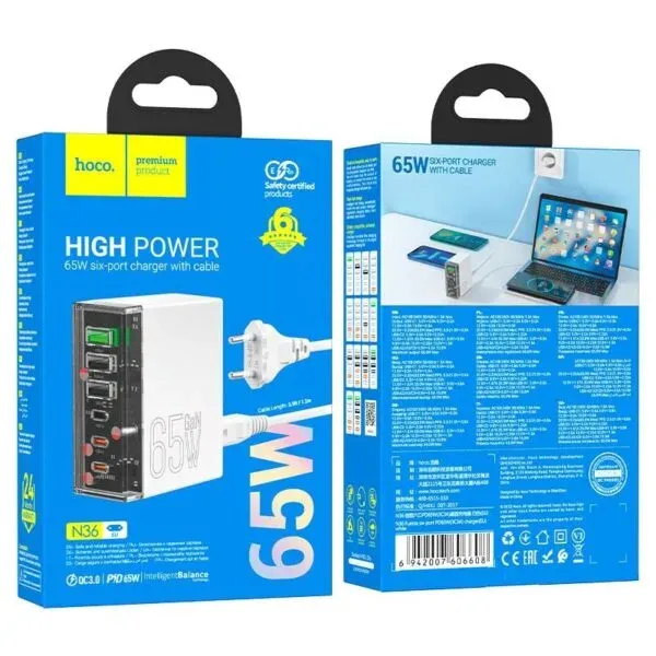 Hoco N36 – Station de charge GaN 65W ultra-rapide avec 6 ports multi-appareils