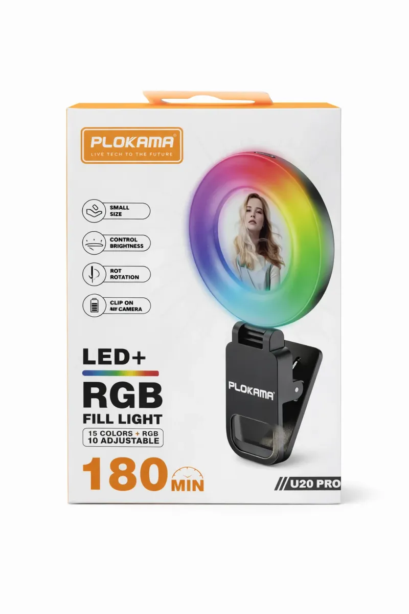 PLOKAMA Anneau lumineux LED + RGB  au design compact, avec miroirs convexes, rotation à 180° et trois couleurs réglables jusqu'à 10 niveaux. Modèle U20 PRO