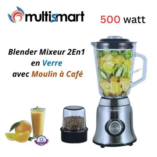 Blender Mixeur Électrique 2 En 1 En Verre avec Moulin à café - 500 W 1.5 L 2 Vitesses - Boitier En Inox - BD5115