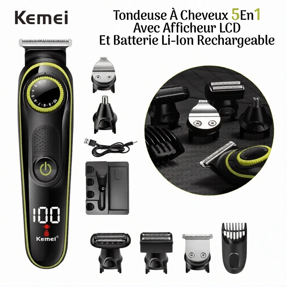 Tondeuse À Cheveux 5En1 Avec Afficheur LCD Et Batterie Li-Ion Rechargeable Kemei KM-696