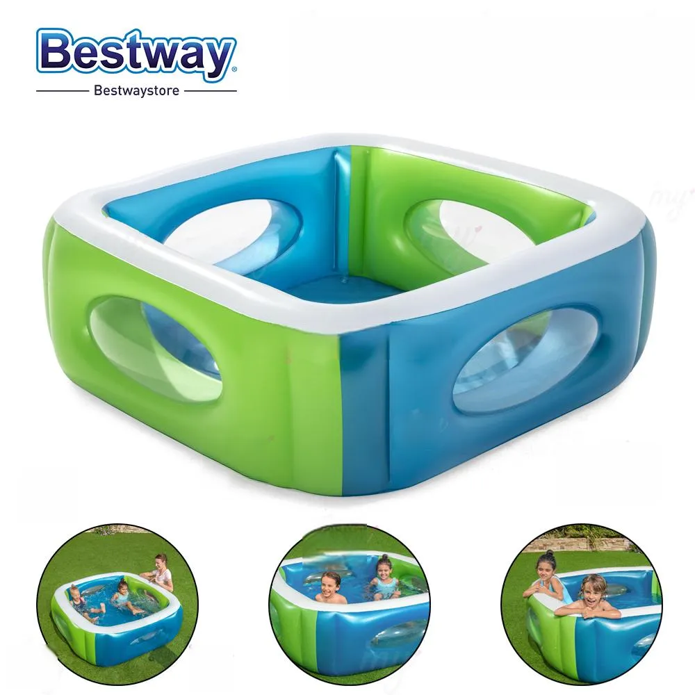Piscine Carrée Gonflable avec Fenêtre 168 x 168 x 56 cm – Bestway 51132 – Bassin Enfants Transparent Été