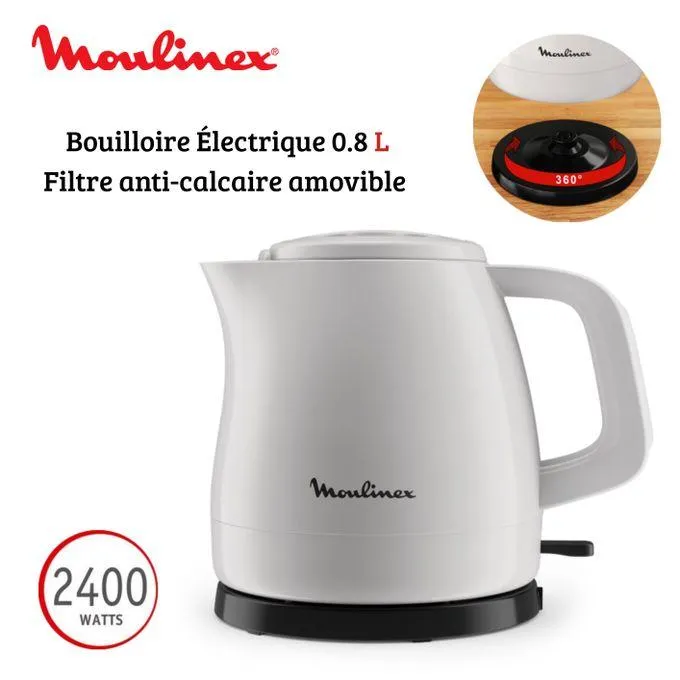 Bouilloire Électrique Sans Fil 0.8L 2400W avec Filtre Anti-Calcaire - blanc