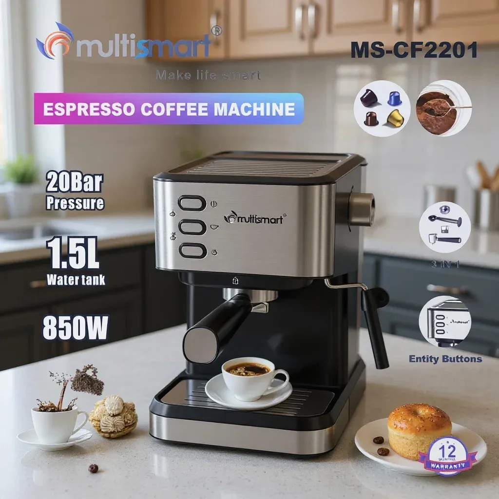 Machine à Café MultiSmart MS-CF2201 – Expresso 3en1 20 Bars Inox (Capsules, Poudre, Cappuccino)