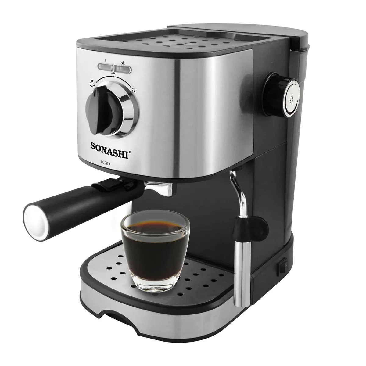Cafetière Sonashi SCM-4963 2en1 – Expresso Inox 15 Bars Café Poudre & Capsules Dolce Gusto