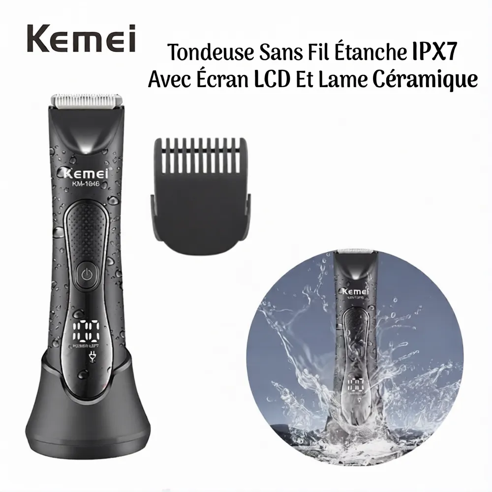 Tondeuse Sans Fil Étanche IPX7 Avec Écran LCD Et Lame Céramique Kemei KM-1846 En Algerie 