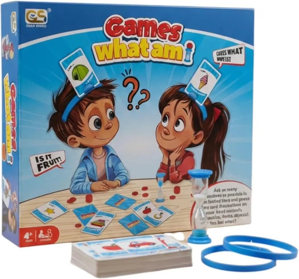 Jeu familial de cartes à deviner WHAT Am I?  ,en ANGLAIS avec bandeaux et sablier, pour enfants à partir de 4 ans et adultes