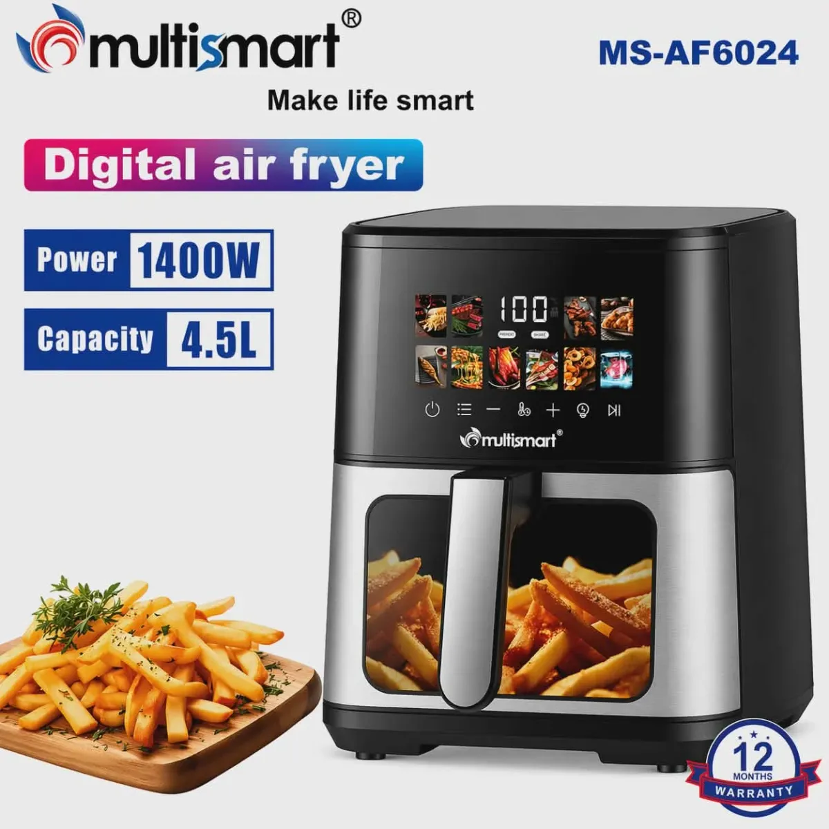 friteuse sans huile air fryer  4.5L 1400W Numérique Avec Fenêtre  Multismart MS-AF6024
