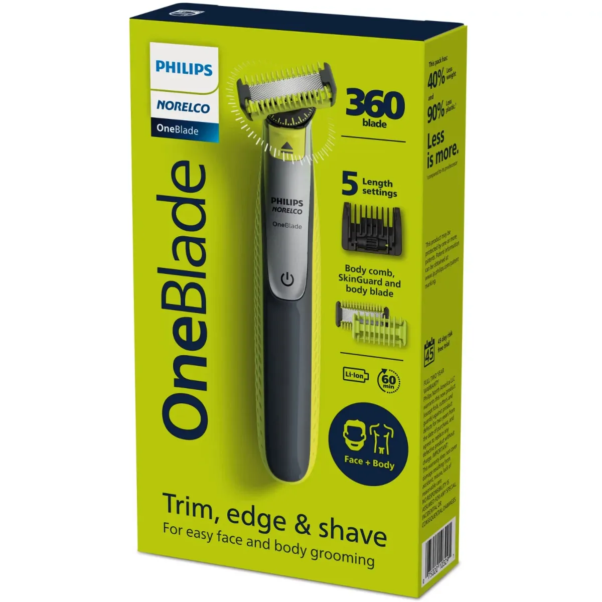 Philips OneBlade 360 Face + Body – Rasoir & Tondeuse Électrique Barbe et Corps, Étanche, autonomie 60min+5 RÉGLAGES DE LONGUEUR
