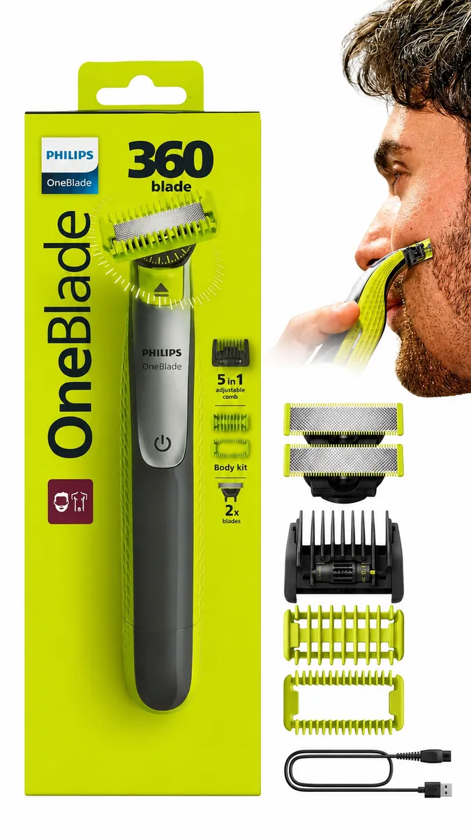 Philips OneBlade Pro 360 Face & Body – Tondeuse à Barbe & Rasoir Électrique kit complet