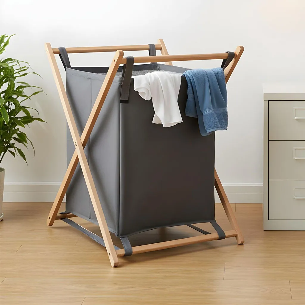 Paniers à linge pliables avec support en bois