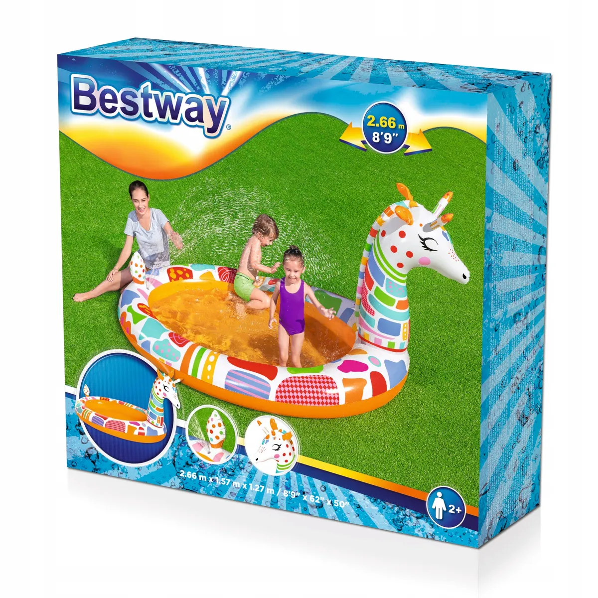 bestway Piscine Gonflable Girafe 53089 avec Arroseur pour Enfants 266x157x127 cm