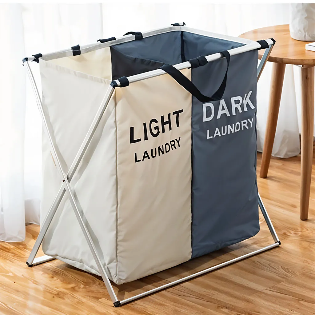 Panier à linge sale pliable avec 2 grilles pour séparer les vêtements