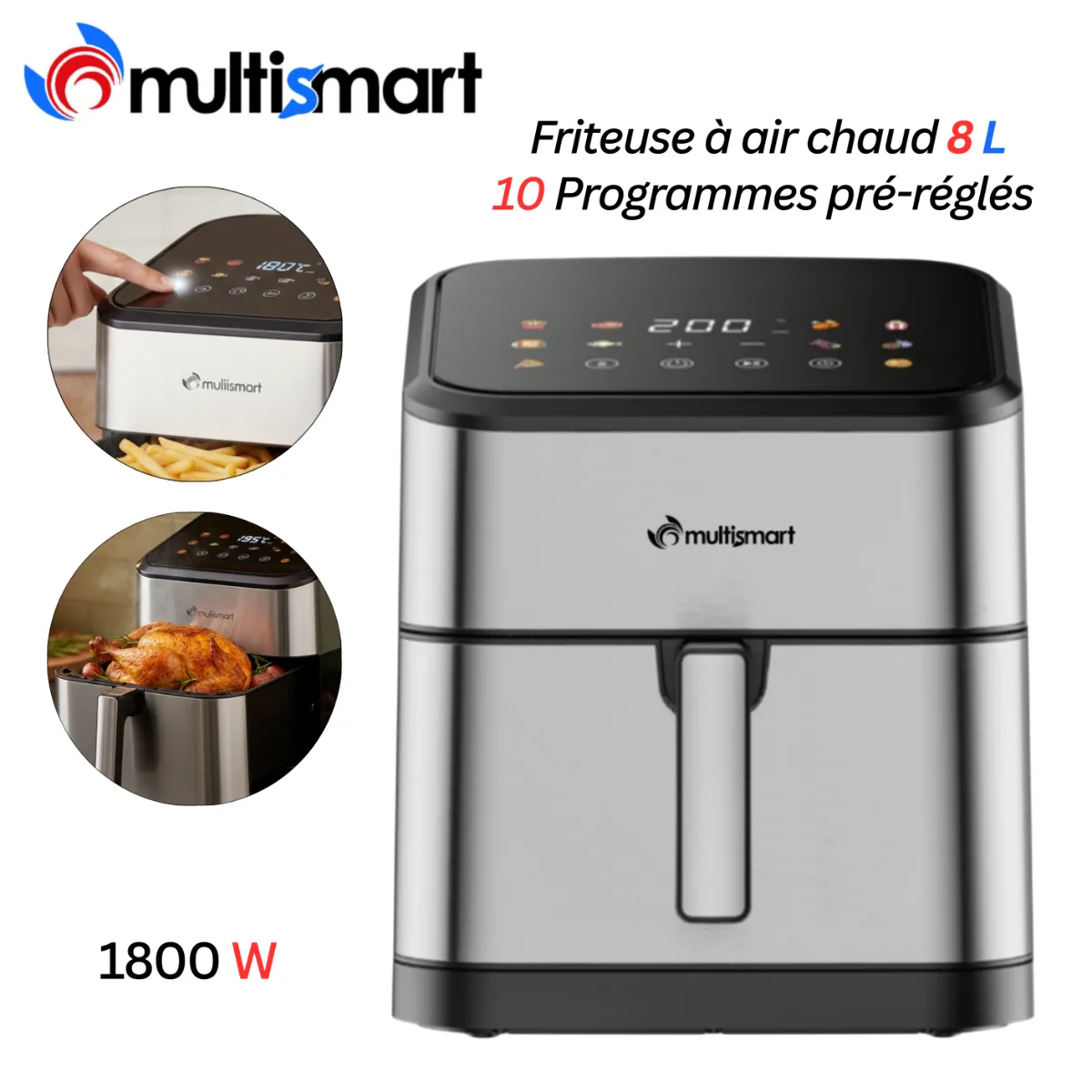 Multismart Air Fryer MS-AF3248 8L 1800W Friteuse à Air Chaud LED 10 programmes 