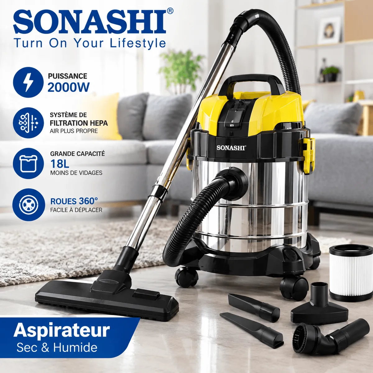 Aspirateur Sonashi moderne dans un intérieur algérien avec filtration HEPA pour une maison propre