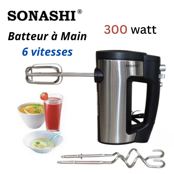 Batteur Électrique à Main Sonashi SMX-126N 300W – 6 Vitesses + Turbo Inox