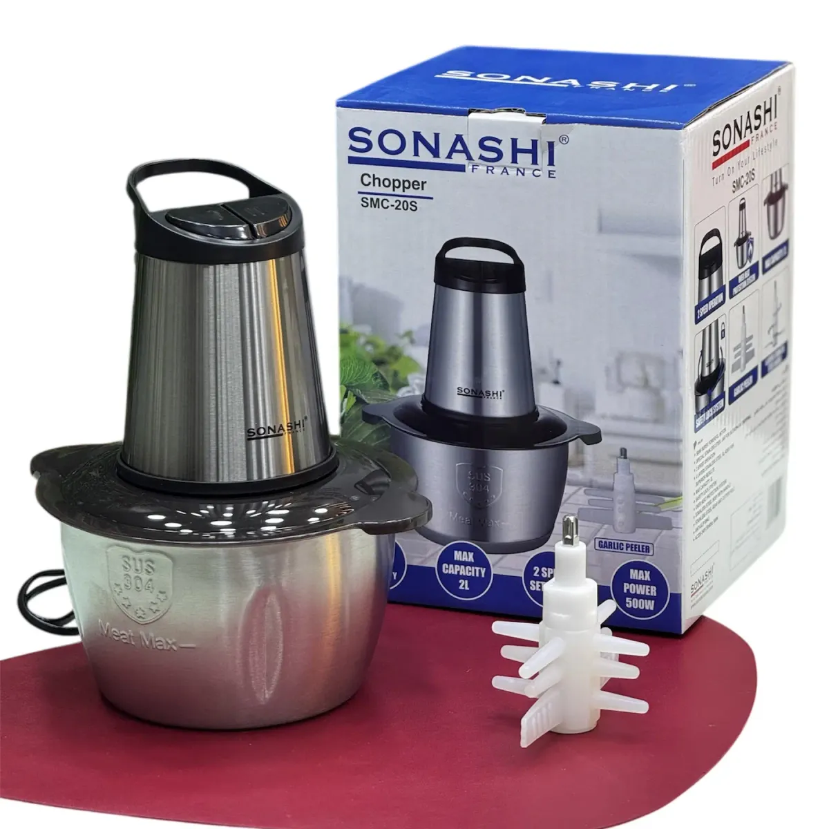 Hachoir Électrique Sonashi SMC-20S 500W 2L – 4 Lames Inox avec Éplucheur d’Ail