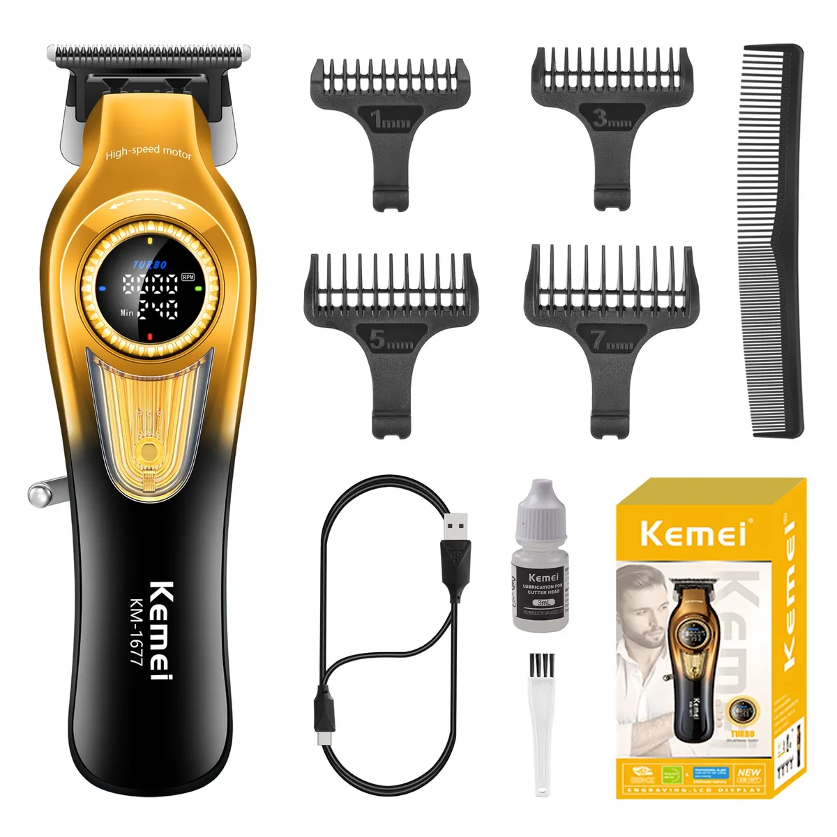 Kemei KM-1677 – Tondeuse Professionnelle Sans Fil | Vitesse Réglable | Lame Céramique | USB-C | Écran LED