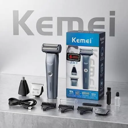 Kemei KM-1260 – Tondeuse Électrique 3-en-1 Sans Fil | Recharge USB | Lames en Acier Inoxydable | Barbe, Cheveux & Corps