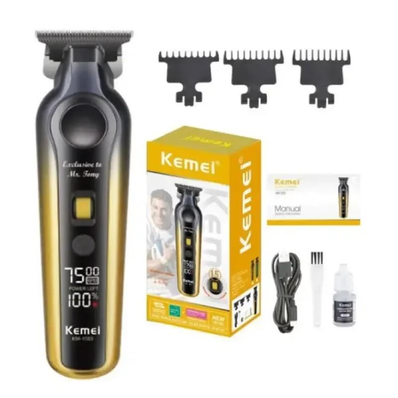 Kemei KM-1583 – Tondeuse Professionnelle Sans Fil | Vitesse Réglable 6000–7500 RPM | Batterie 1500 mAh | Écran LED | Recharge USB-C