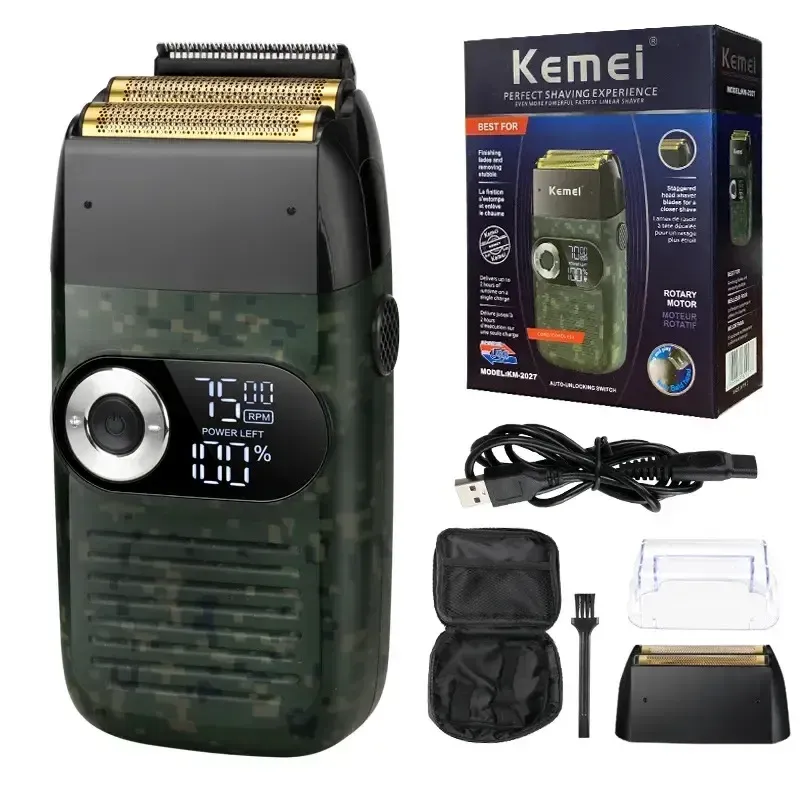 Kemei KM-2027 – Rasoir Électrique Double Lame Sans Fil | 3 Vitesses | Écran LCD | Batterie 1400 mAh | USB-C