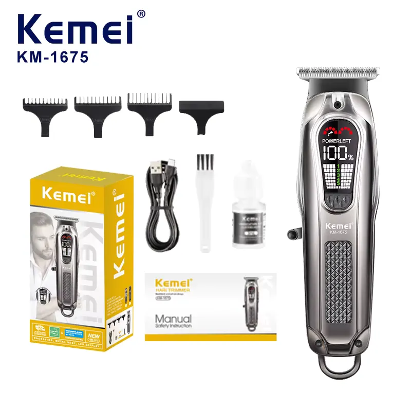 Kemei KM-1675 Tondeuse Professionnelle Sans Fil | Moteur Réglable 5 Vitesses | 270 Min d'Autonomie | USB-C