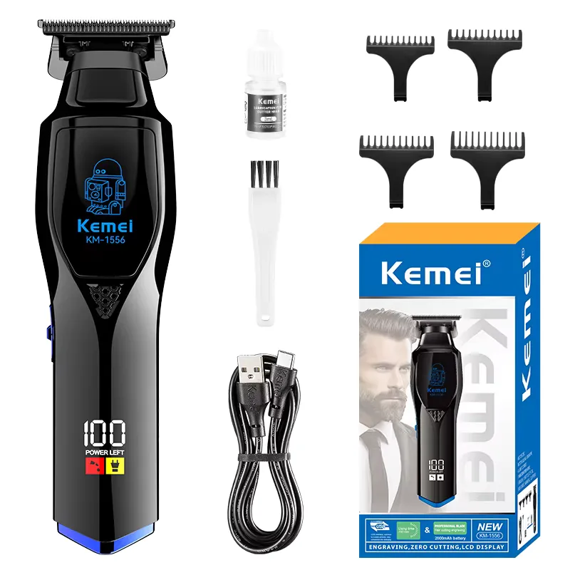 Kemei KM-1556 Tondeuse Professionnelle Sans Fil | Lame T Zero Gap | Écran LCD | Batterie 2000 mAh | USB-C