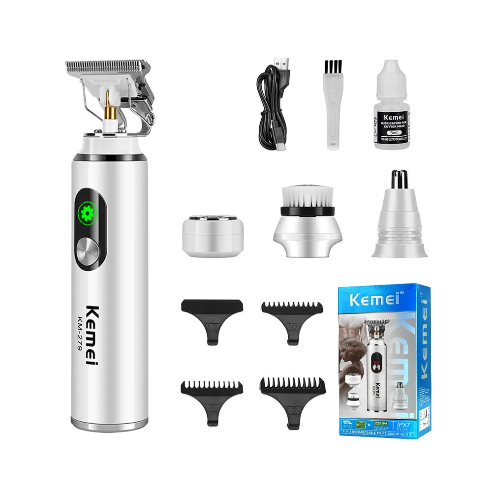 Kemei KM-279 Kit de Toilettage 4-en-1 Sans Fil | Tondeuse Cheveux, Barbe, Nez & Corps | Rechargeable USB