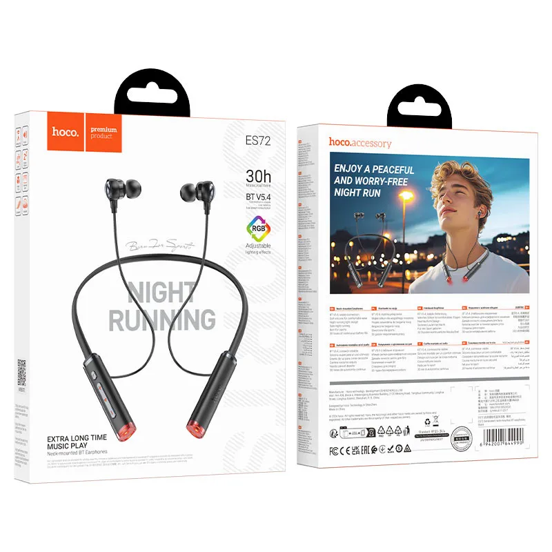 Écouteurs Bluetooth Hoco ES72 Benevolent Tour de Cou – Sans Fil, Sport, Micro HD, Longue Autonomie