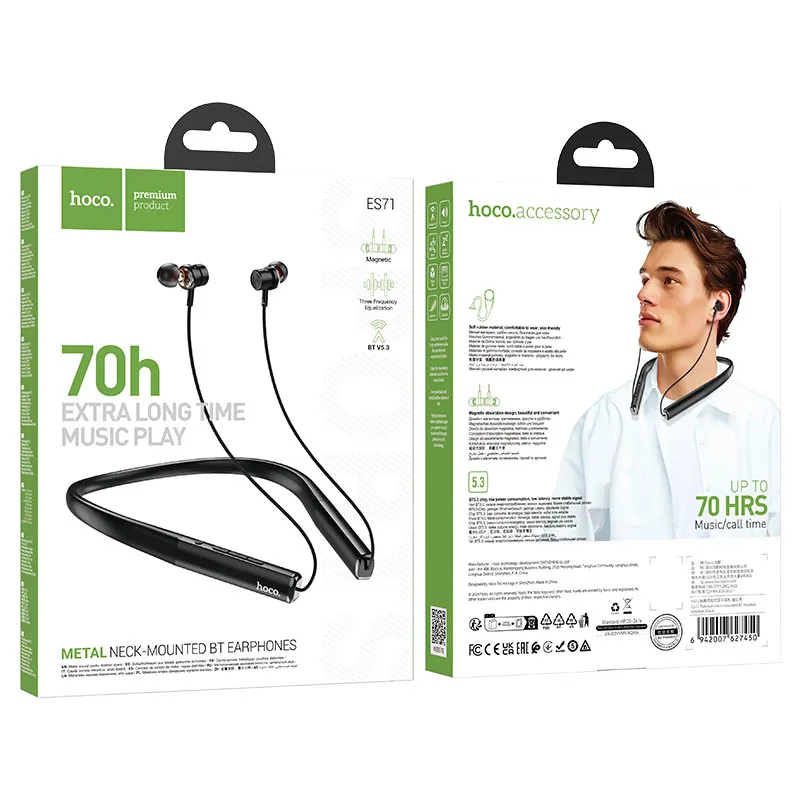 Écouteurs Bluetooth Hoco ES71 Platinum – Tour de Cou Sans Fil, Bluetooth 5.3, 70H d'Autonomie, USB-C