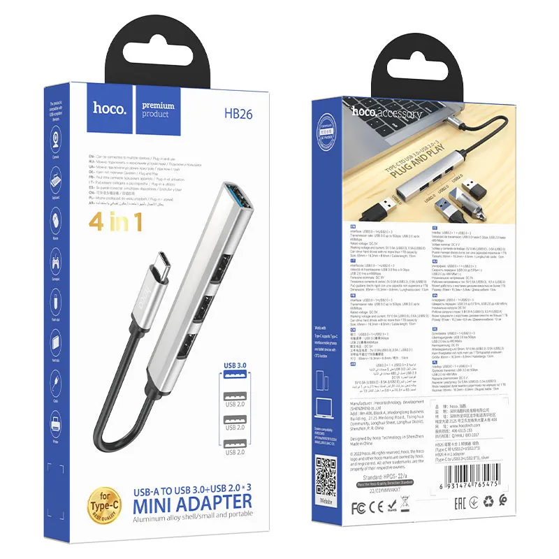 Hub USB Hoco HB26 4-en-1 Type-C – 1 USB 3.0 + 3 USB 2.0, Adaptateur OTG Haute Vitesse