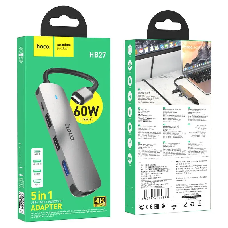 Hub USB-C Hoco HB27 5-en-1 – HDMI 4K, USB 3.0, USB 2.0, Power Delivery 60W