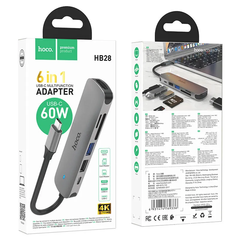 Hub USB-C Hoco HB28 6-en-1 – HDMI 4K, USB 3.0, USB 2.0, Lecteur SD/TF, Power Delivery 60W