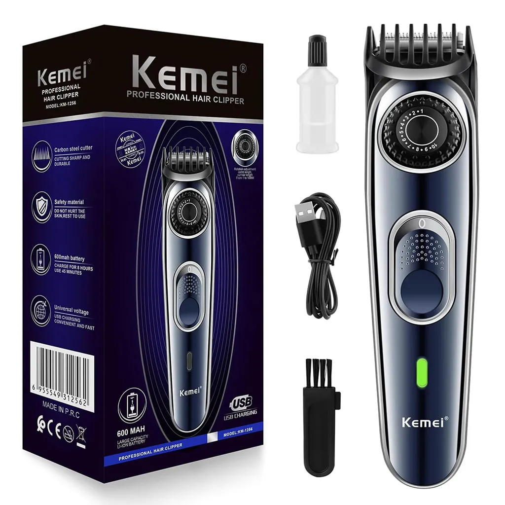 Tondeuse Professionnelle Kemei KM-1256 – Rechargeable, Sans Fil, Lames en Acier Inoxydable