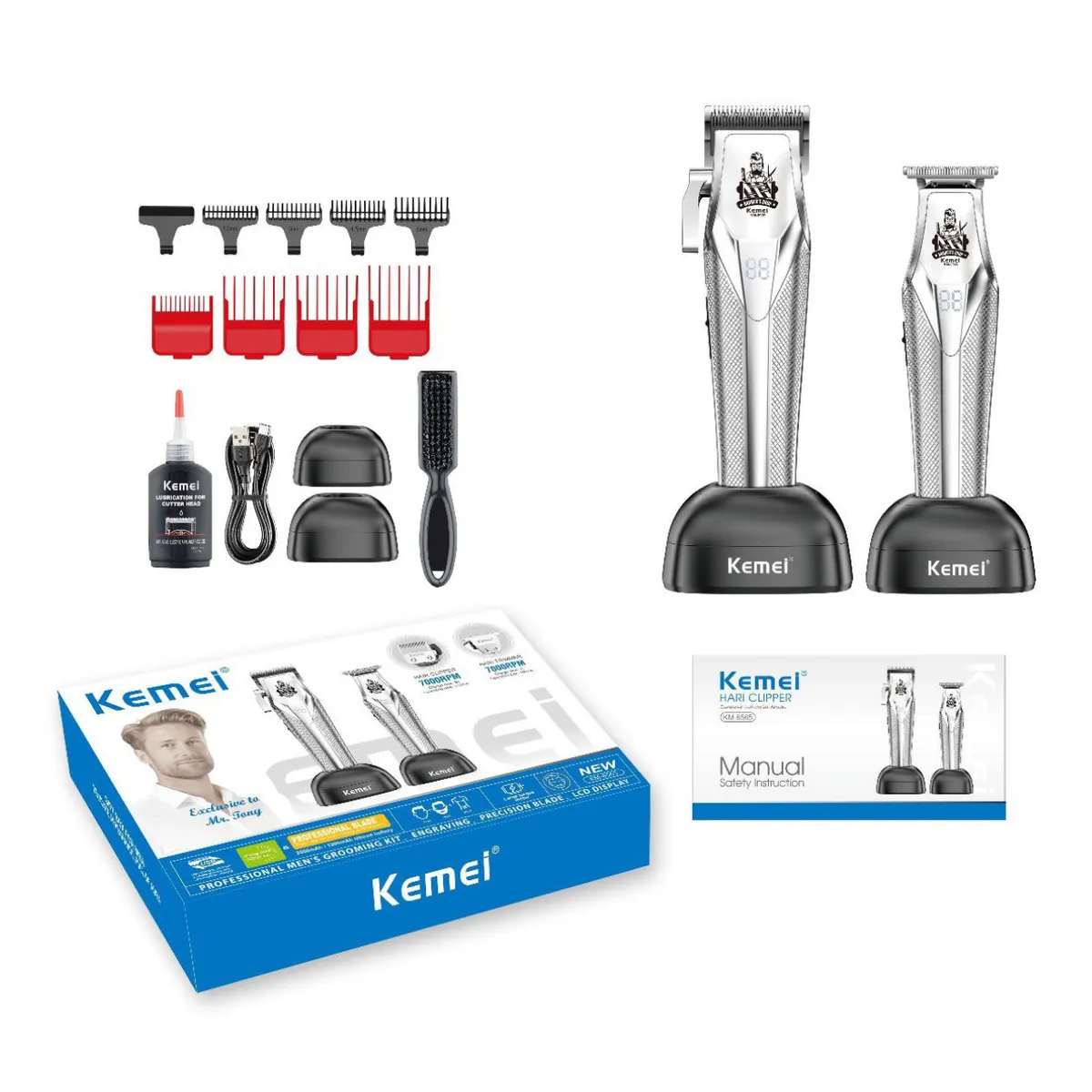 Kit Tondeuse Professionnelle Kemei KM-8565 – Ensemble 2-en-1 Rechargeable Sans Fil, USB-C