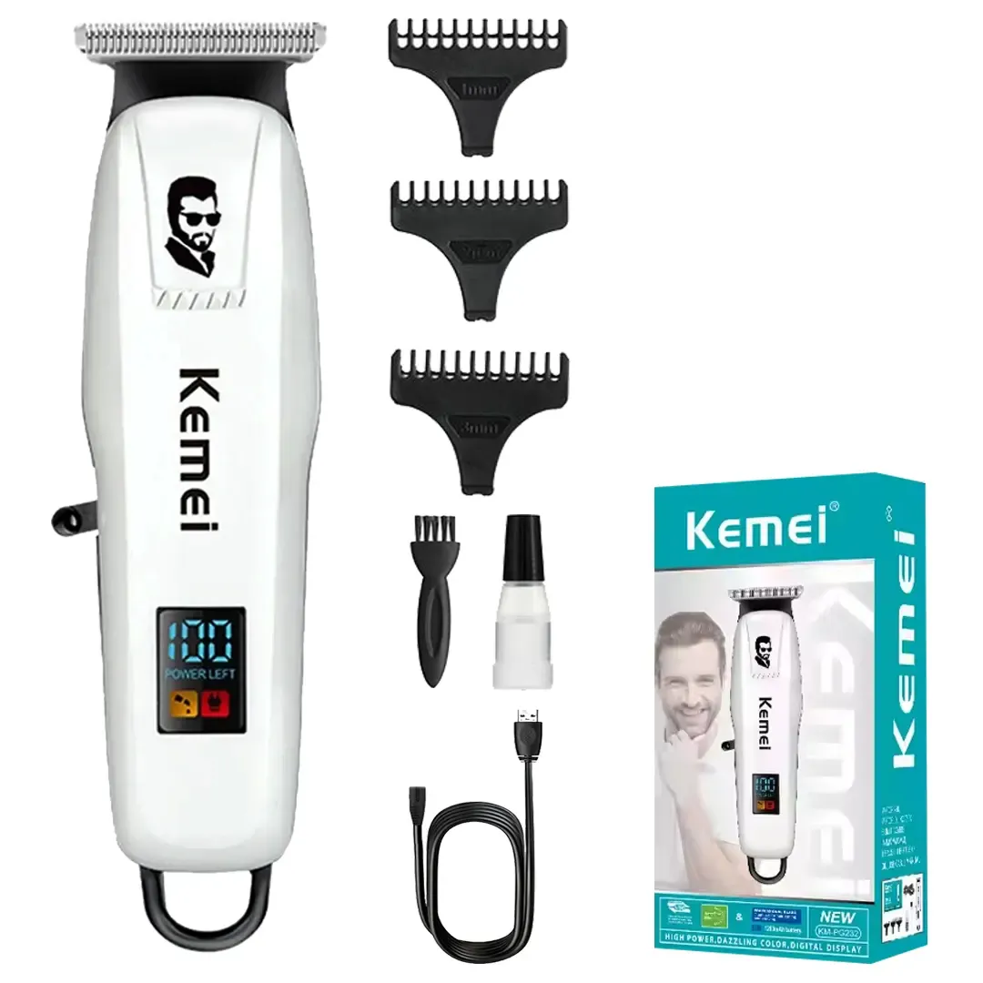 Tondeuse Professionnelle Kemei KM-PG232 Blanche – Sans Fil, 7500 RPM, Écran LED, USB-C