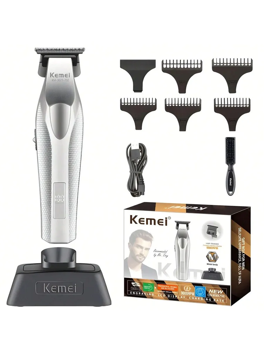 Tondeuse de Précision Kemei KM-3023-702 – Professionnelle, 9000 RPM, Base de Charge, USB-C