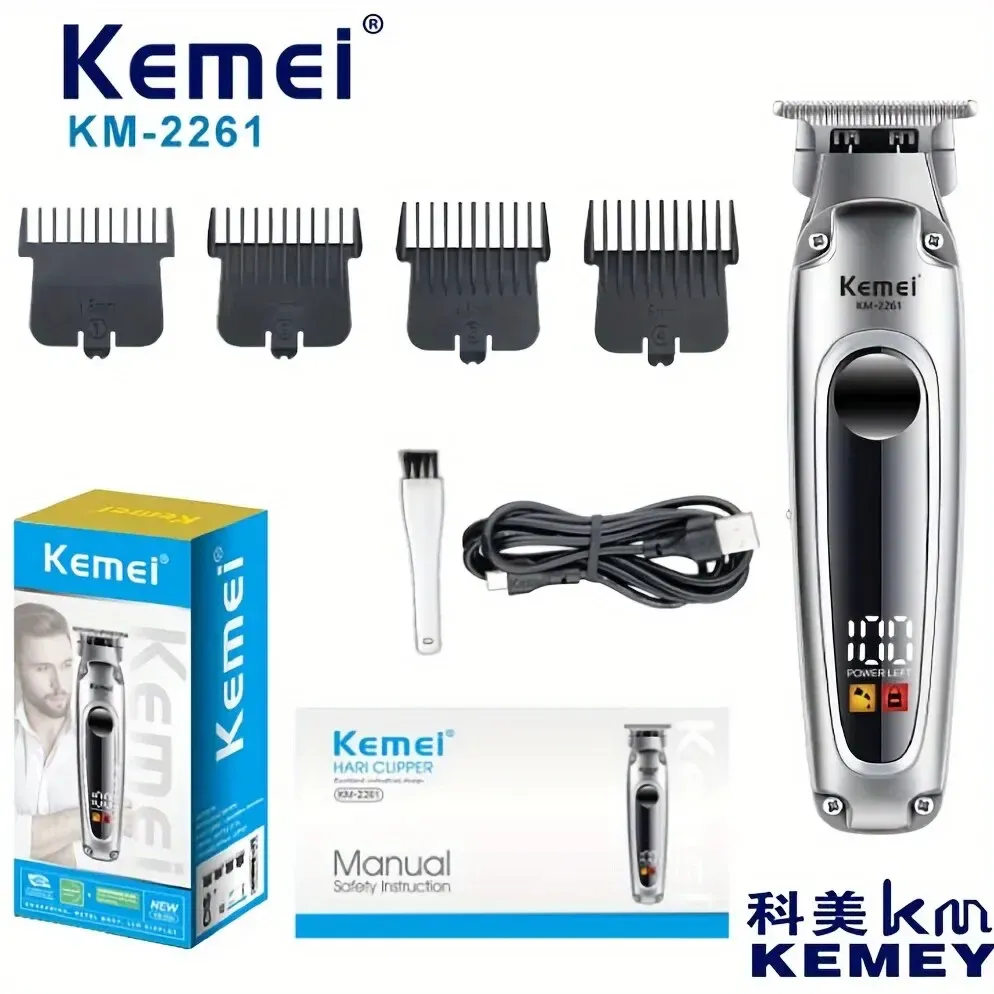 Tondeuse Professionnelle Kemei KM-2261 – Sans Fil, T-Blade, Écran LCD, USB-C