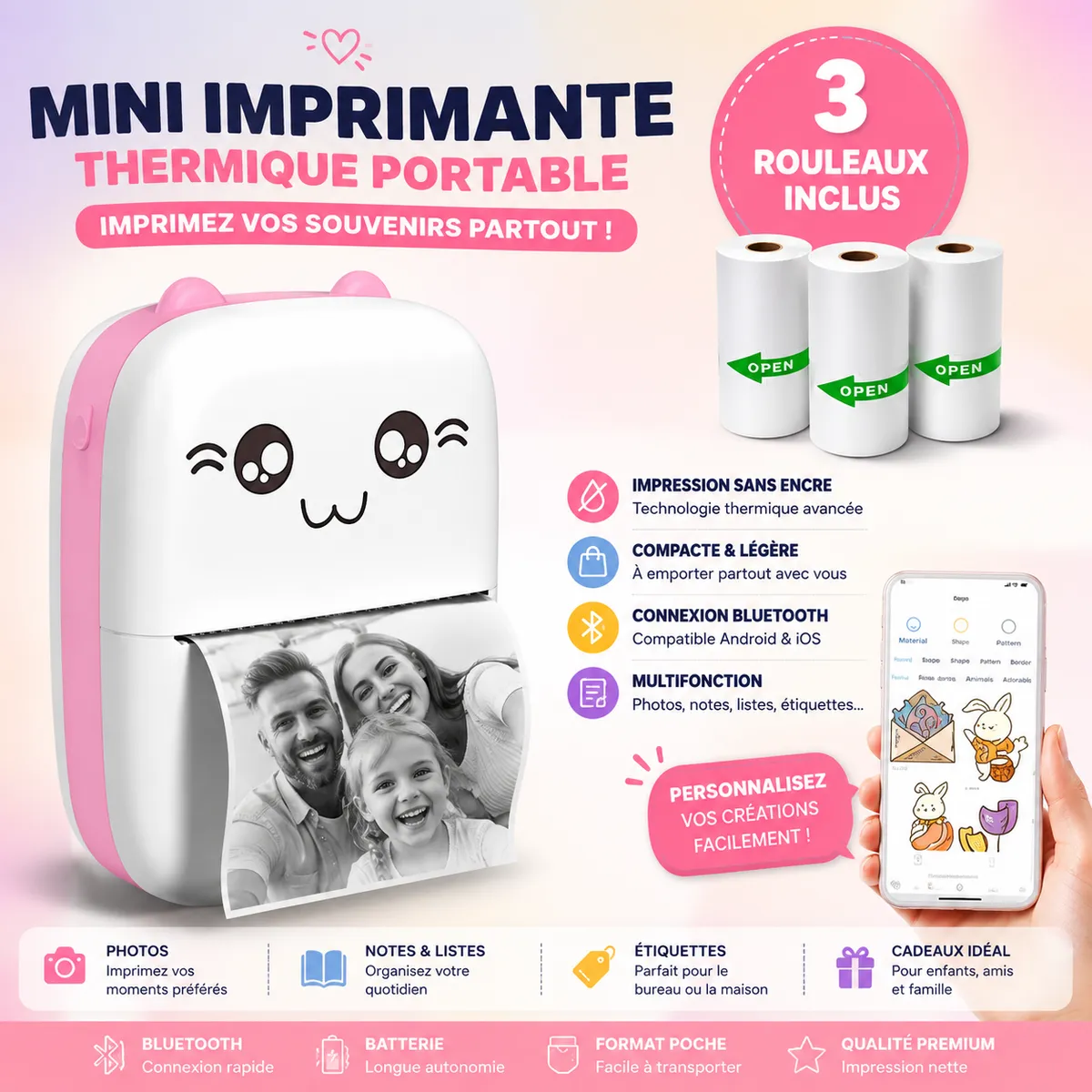 Mini imprimante Thermique Bluetooth sans Fil pour Smartphone – طابعة حرارية لاسلكية AVEC 3 ROULEAU PAPIERS INCLUS
