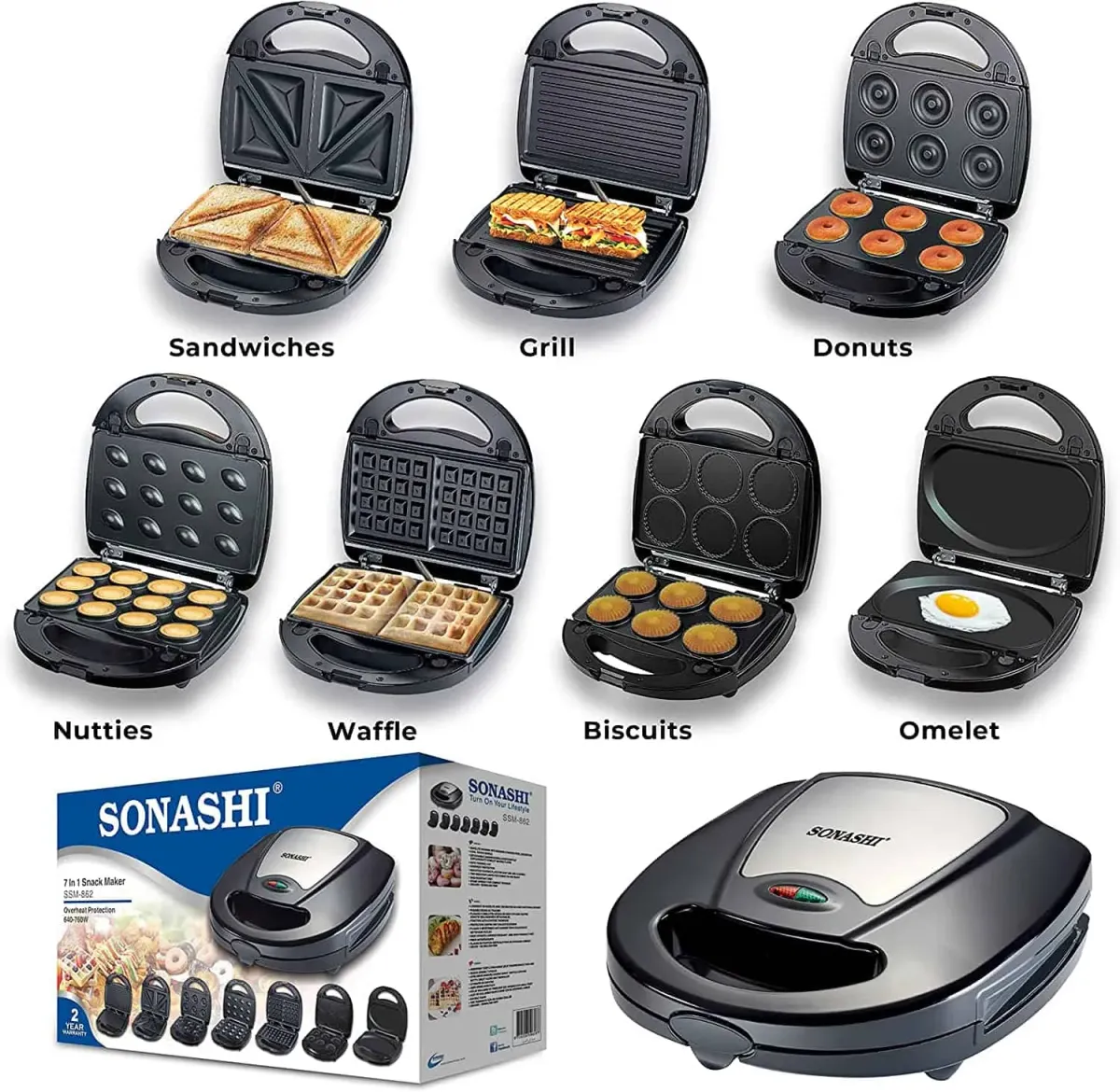 Panineuse Multi Grill Sonashi SSM-862 7 en 1 760W – Plaques Amovibles Antiadhésives