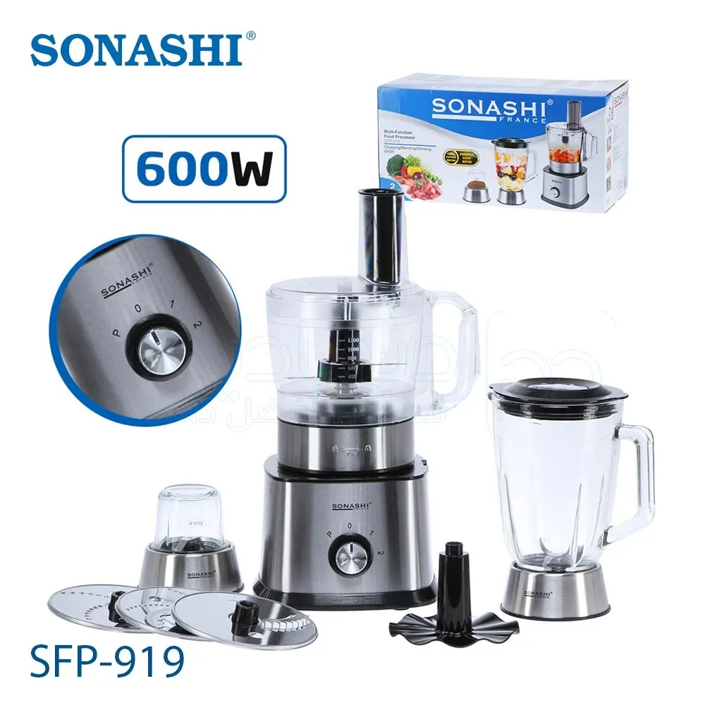 Robot Multifonction Sonashi SFP-918 600W 4 en 1 – Hachoir, Râpe et Blender